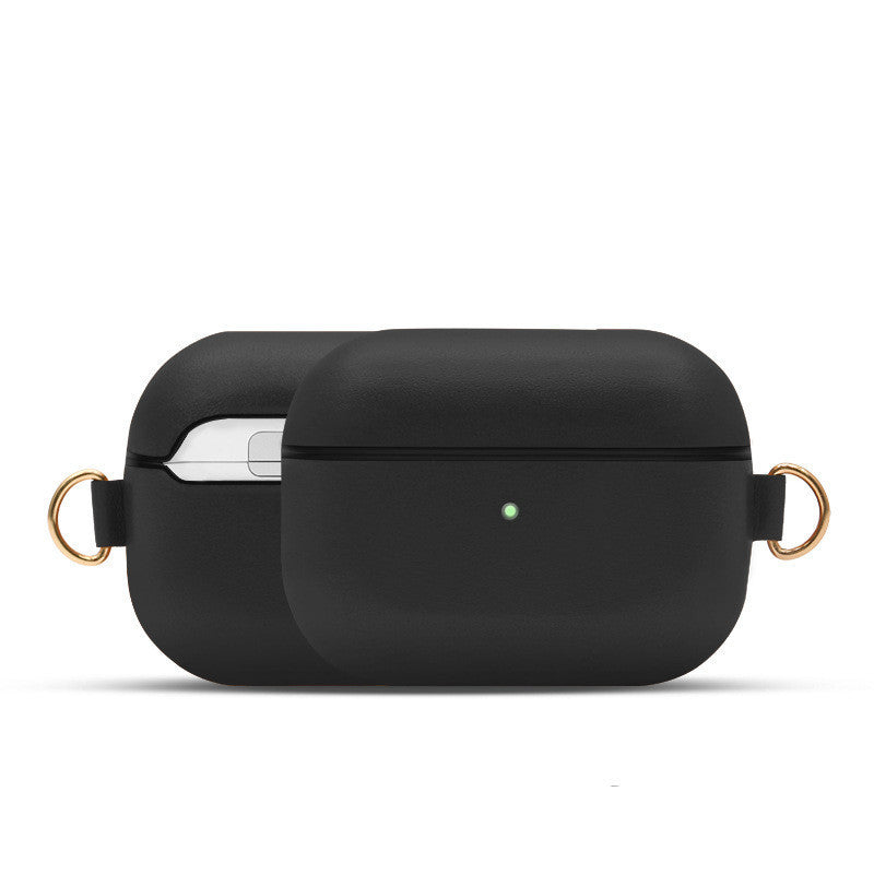 HKM-174035 Genuine Leather Protective Earphone Case with Metal Ring for Wireless Charging Compatibility