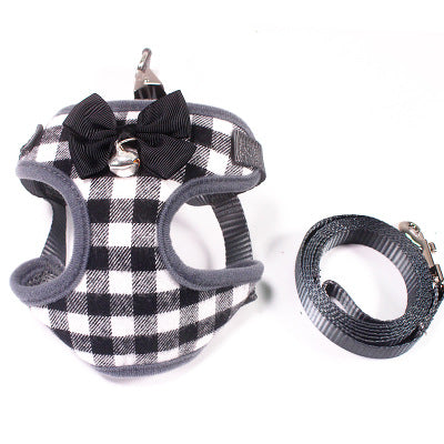 HKM-1740989 Small Dog Leash with Chest Strap - Adjustable Cotton Harness in Red, Black, and Dark Blue Lattice for Dogs 3-22 kg