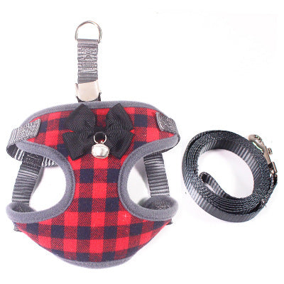 HKM-1740989 Small Dog Leash with Chest Strap - Adjustable Cotton Harness in Red, Black, and Dark Blue Lattice for Dogs 3-22 kg