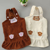 HKM-1742269 Bear Embroidered Corduroy Dress with Straps in Brown and Beige, Available in Various Sizes