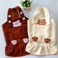 HKM-1742269 Bear Embroidered Corduroy Dress with Straps in Brown and Beige, Available in Various Sizes