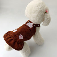 HKM-1742269 Bear Embroidered Corduroy Dress with Straps in Brown and Beige, Available in Various Sizes