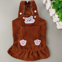 HKM-1742269 Bear Embroidered Corduroy Dress with Straps in Brown and Beige, Available in Various Sizes