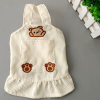 HKM-1742269 Bear Embroidered Corduroy Dress with Straps in Brown and Beige, Available in Various Sizes