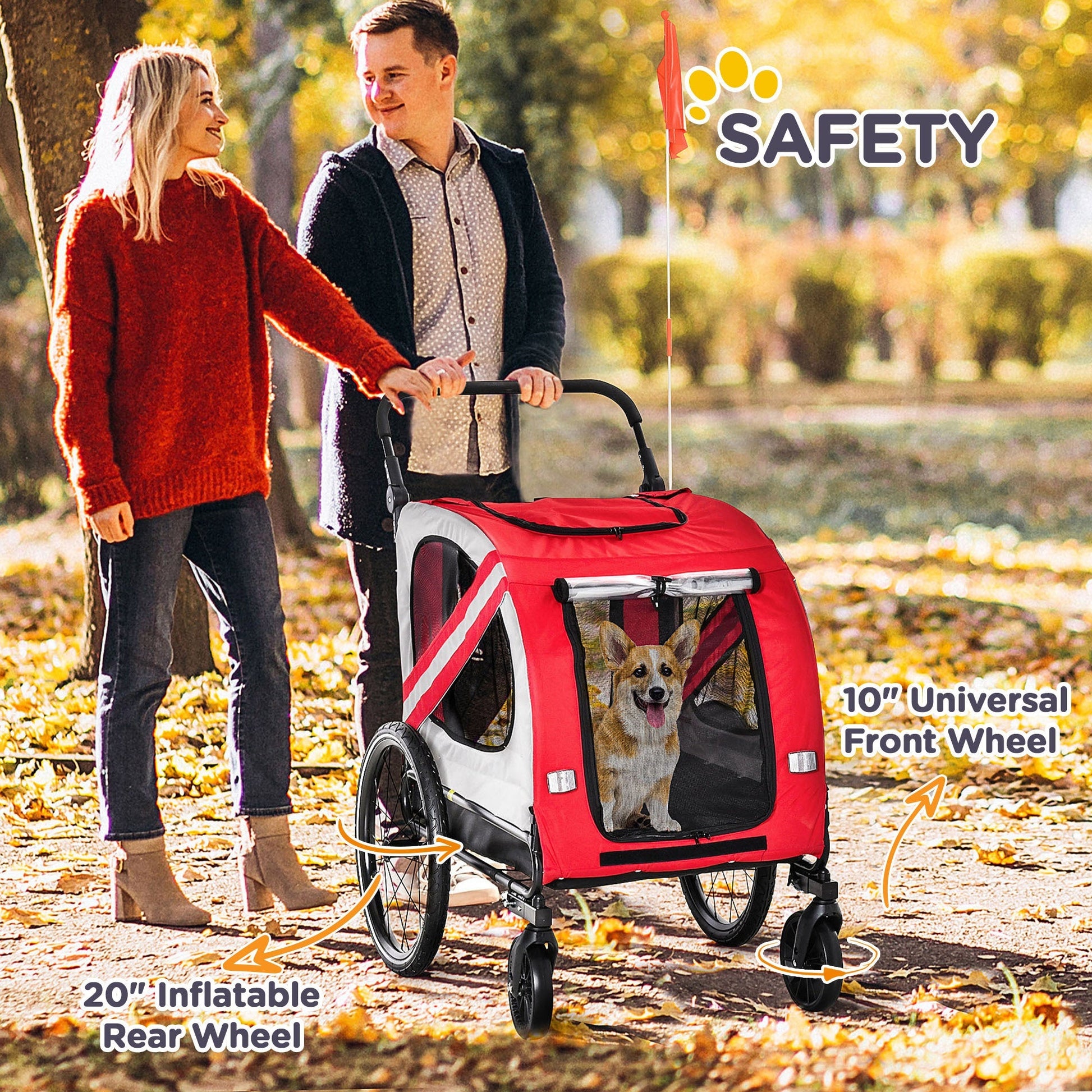 HKM-1743165 2-in-1 Pet Bike Trailer and Stroller for Small Dogs, Weather-Resistant Carrier with Safety Flag and Reflector, Red