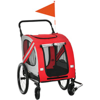 HKM-1743165 2-in-1 Pet Bike Trailer and Stroller for Small Dogs, Weather-Resistant Carrier with Safety Flag and Reflector, Red