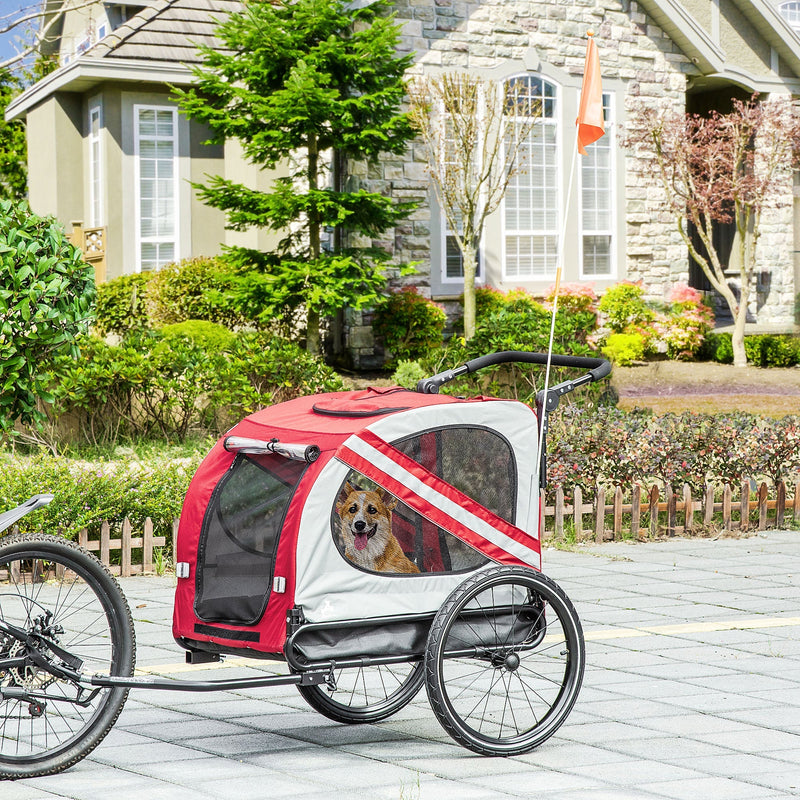 HKM-1743165 2-in-1 Pet Bike Trailer and Stroller for Small Dogs, Weather-Resistant Carrier with Safety Flag and Reflector, Red