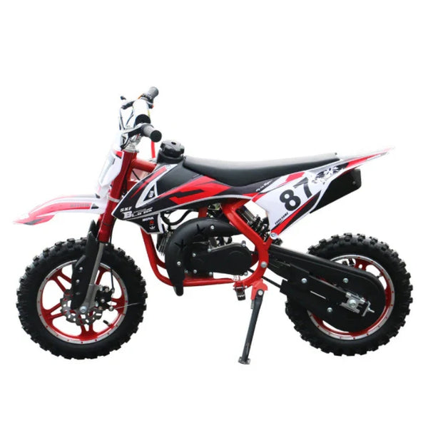 HKM-8174419 50cc 2-Stroke Gas Mini Dirt Bike for Kids with Inverted Fork Disc Brakes Both Wheels and 10-Inch Knobby Tires