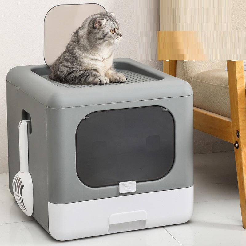 HKM-174675 Extra-Large Fully Enclosed Double-Door Cat Litter Basin with Shovel – Durable PE Material, 40x44x39CM