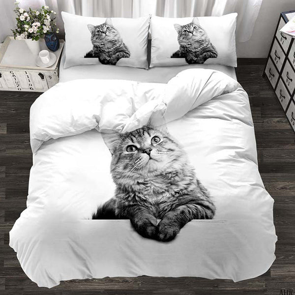 HKM-174803 Three-Piece Realistic Animal Quilt Cover Set for Cats and Dogs - Modern Polyester Bedding with Flower Design