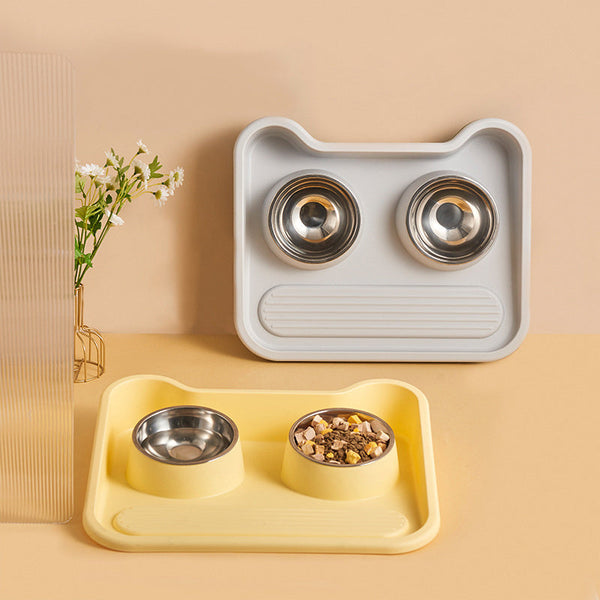 HKM-174867 Stainless Steel Tilted Double Bowl Pet Feeder with Neck Protection and Leak Proof Design