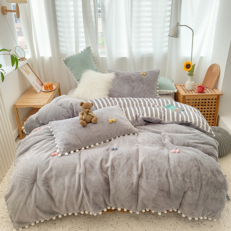 HKM-174995 Four-Piece Soft Rabbit Hair Plush Bed Set in Multiple Colors