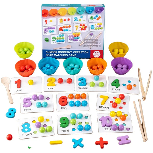 HKM-176147 Wooden Numeral Cognitive Arithmetic Puzzle and Bead Matching Educational Toy for Ages 2 and Up