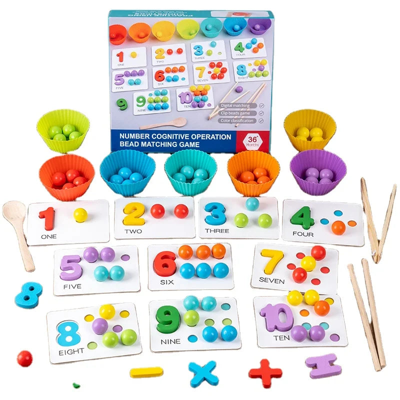 HKM-176147 Wooden Numeral Cognitive Arithmetic Puzzle and Bead Matching Educational Toy for Ages 2 and Up