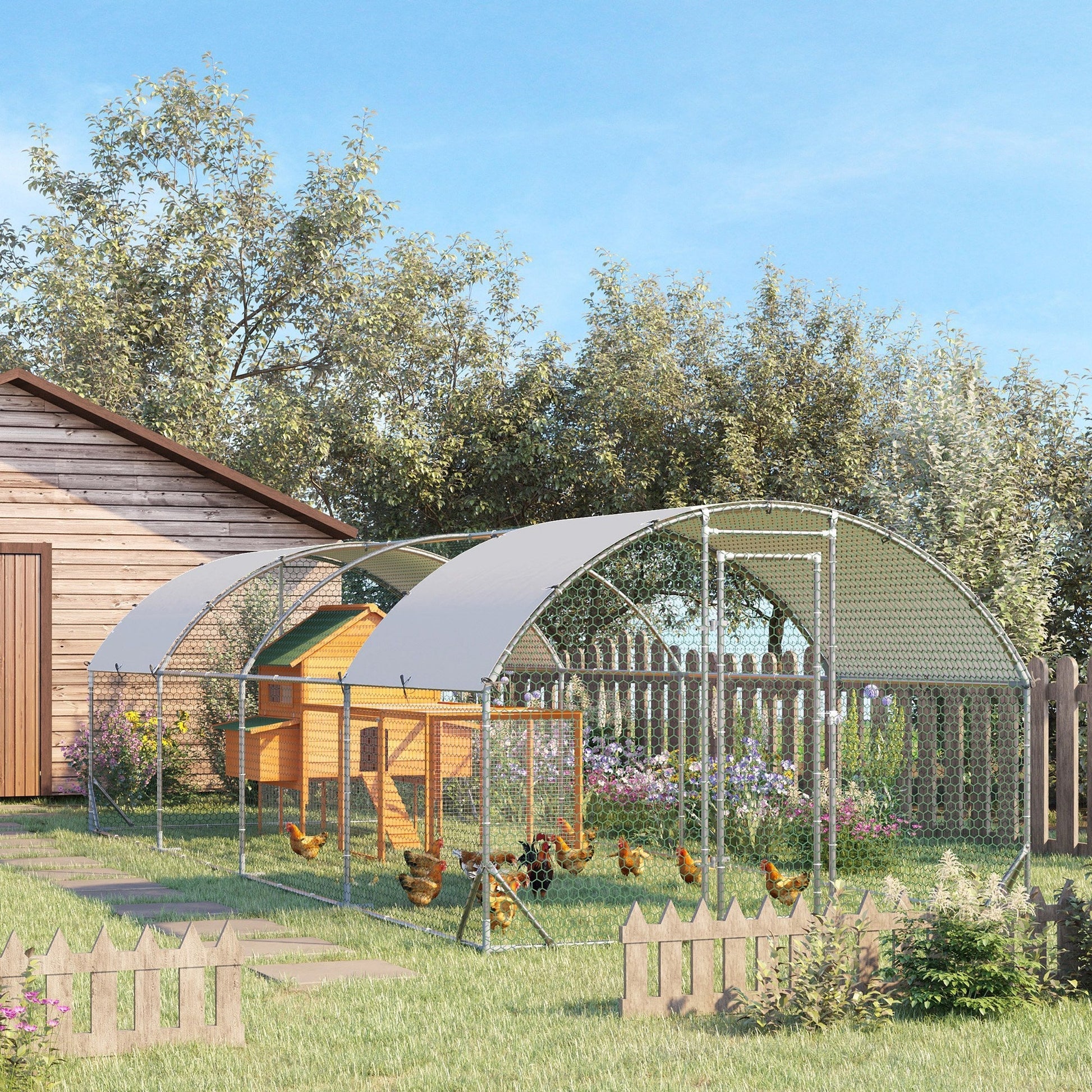 HKM-1762621 Spacious Metal Chicken Coop with Waterproof Cover for Outdoor Use, 9.2' x 24.9' x 6.5'