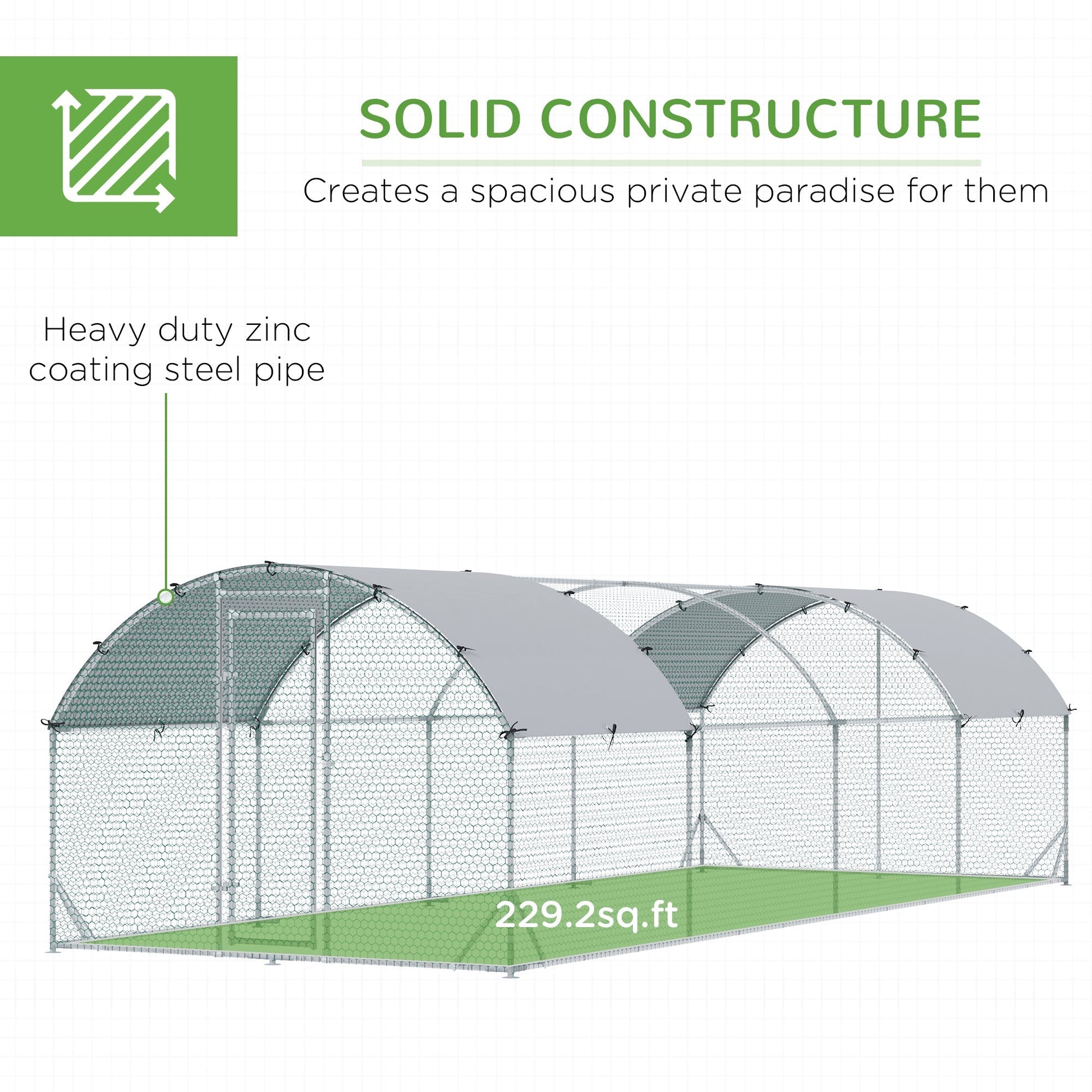 HKM-1762621 Spacious Metal Chicken Coop with Waterproof Cover for Outdoor Use, 9.2' x 24.9' x 6.5'