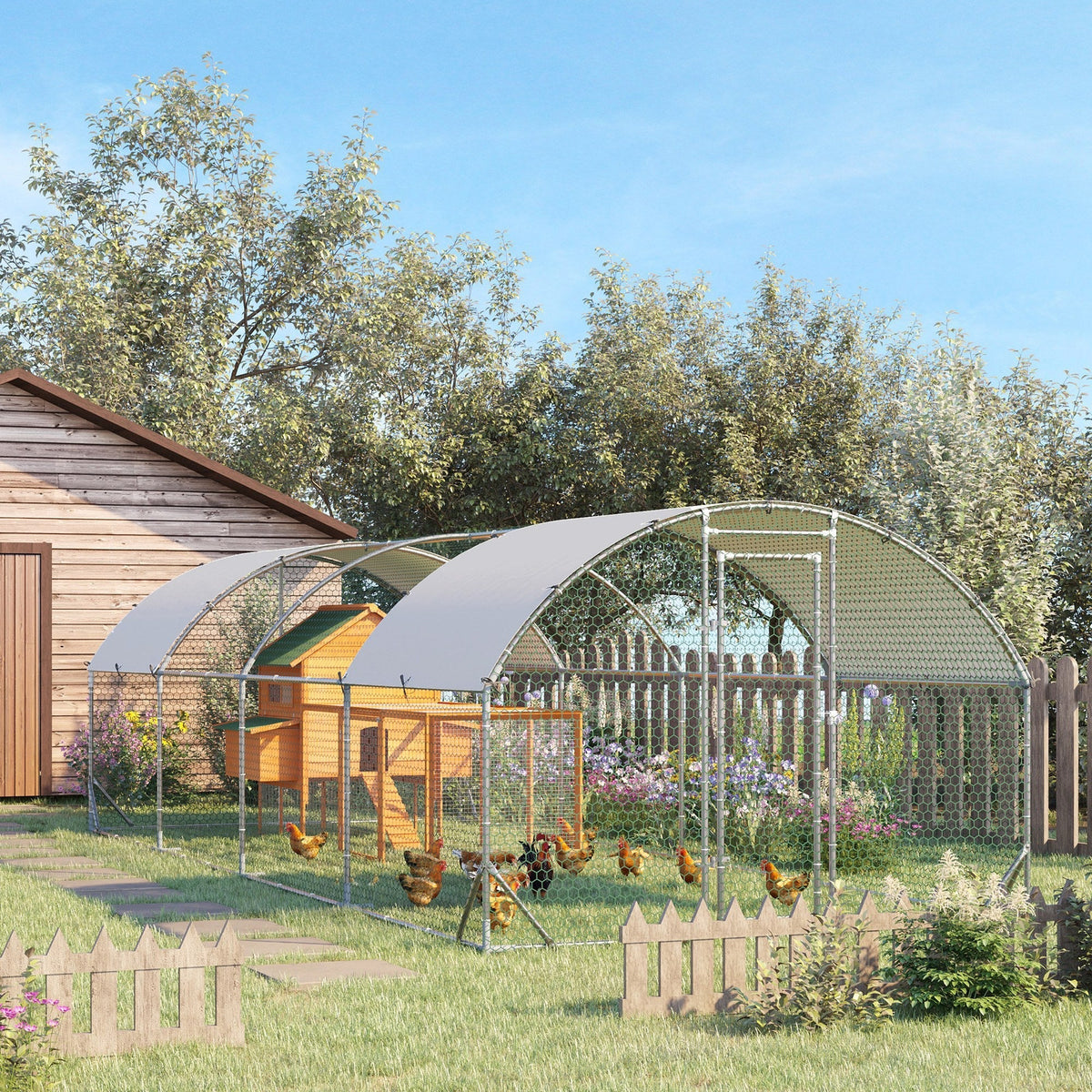 HKM-1762621 Spacious Metal Chicken Coop with Waterproof Cover for Outdoor Use, 9.2' x 24.9' x 6.5'