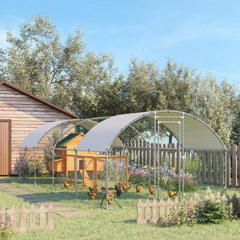 HKM-1762621 Spacious Metal Chicken Coop with Waterproof Cover for Outdoor Use, 9.2' x 24.9' x 6.5'