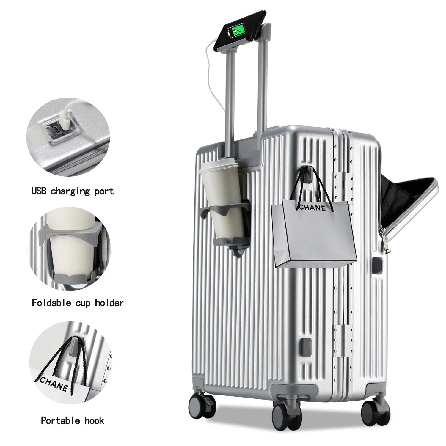 HKM-176531 Compact 20-Inch Modern Carry-On Suitcase with Cup Holder and Lightweight PC & ABS Design
