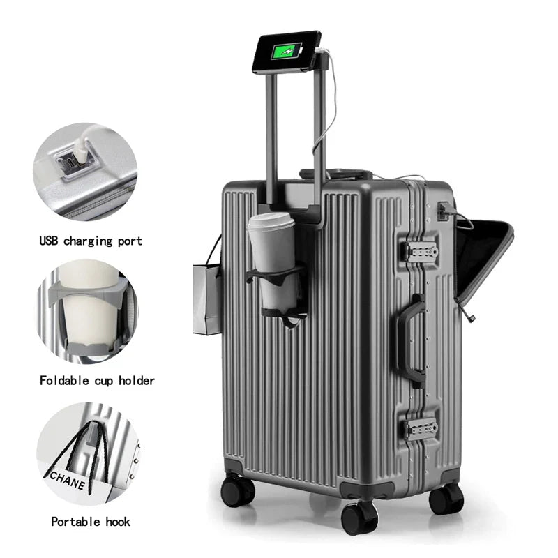 HKM-176531 Compact 20-Inch Modern Carry-On Suitcase with Cup Holder and Lightweight PC & ABS Design
