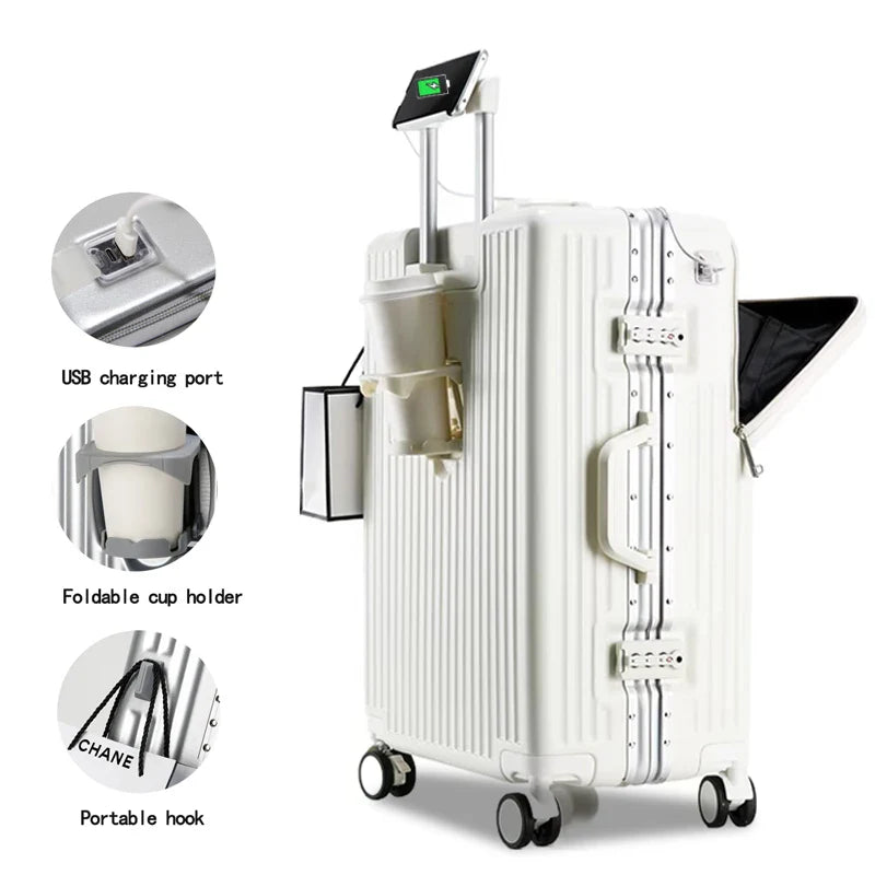 HKM-176531 Compact 20-Inch Modern Carry-On Suitcase with Cup Holder and Lightweight PC & ABS Design