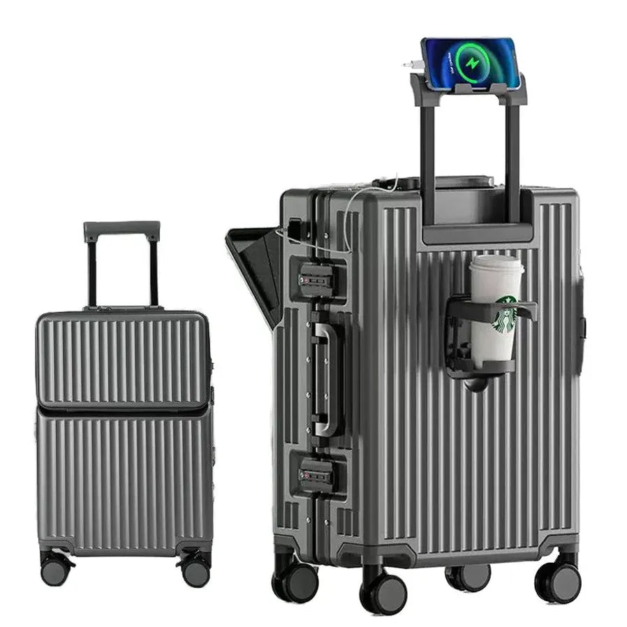 HKM-176531 Compact 20-Inch Modern Carry-On Suitcase with Cup Holder and Lightweight PC & ABS Design