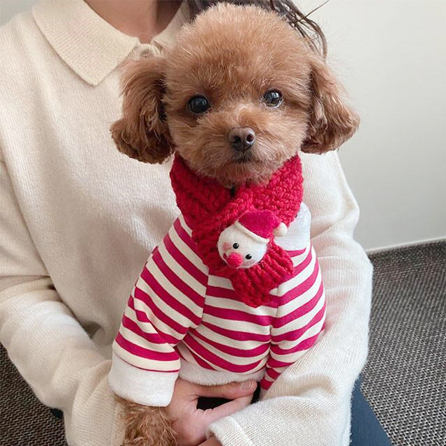 HKM-1767101 Christmas Dog Clothes Set with Red Stripes and Scarf for Stylish Pet Outfits