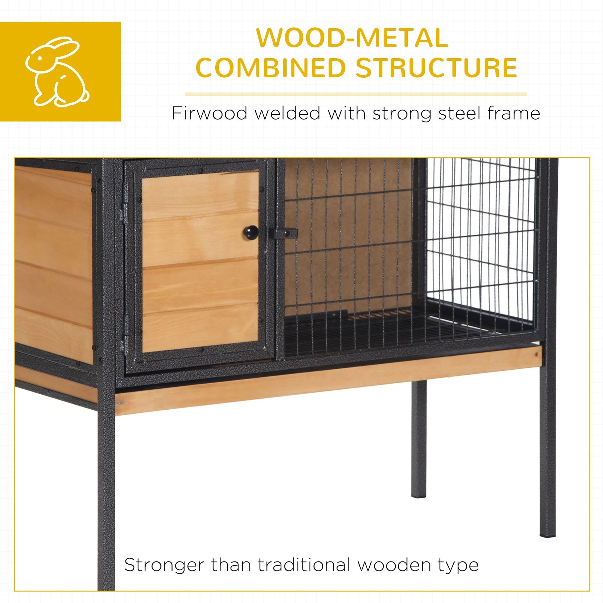 HKM-1768381 Elevated Rabbit Hutch with Metal Frame, No Leak Tray, and Asphalt Roof for Small Animals