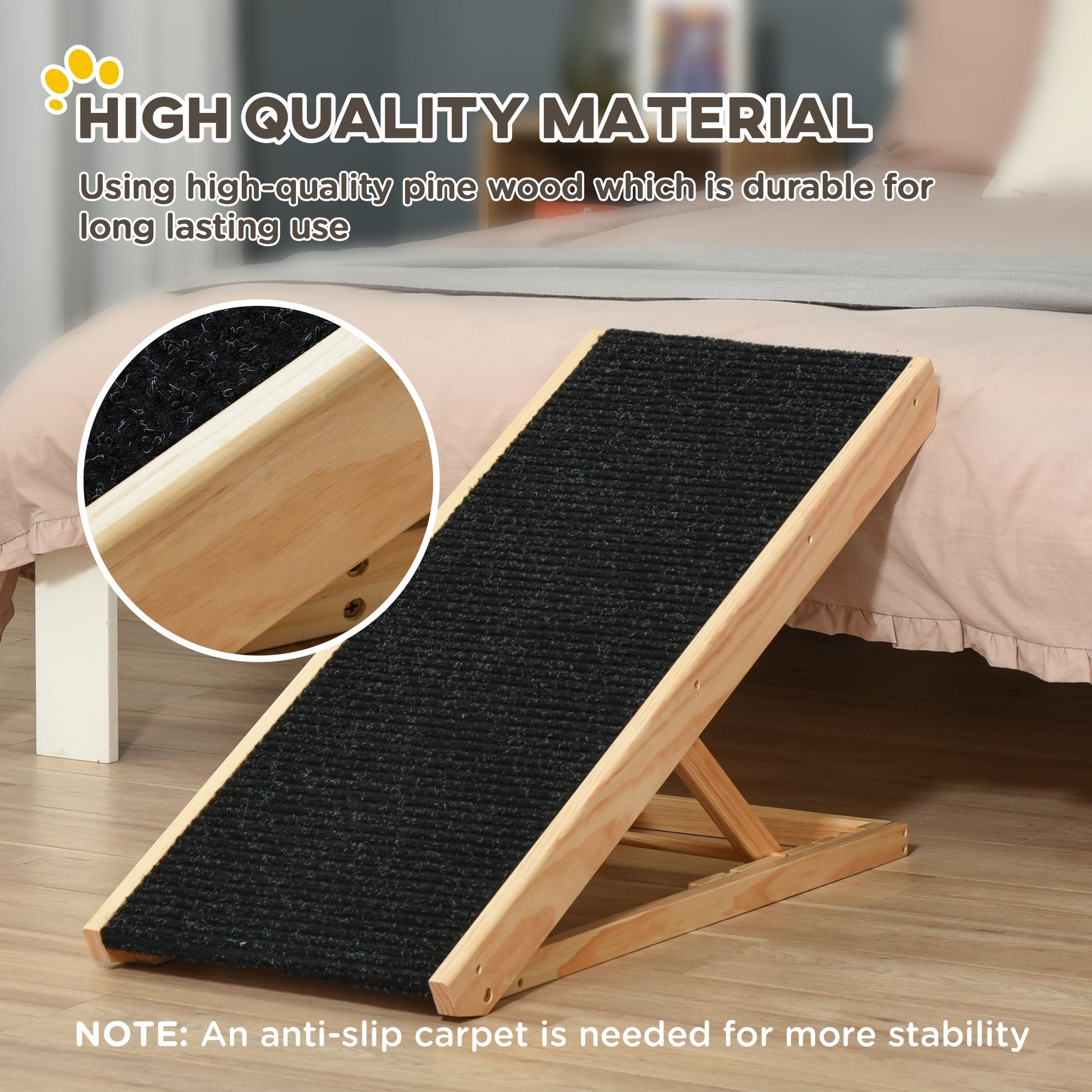 HKM-1770173 Adjustable Elevated Pet Ramp for Small and Senior Dogs - Non-Slip Pine Design, Easy Storage, 4 Height Options