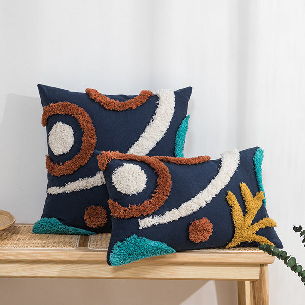 HKM-177107 Mediterranean Style Tufted Canvas Pillow Cover with Blue Background and Round Leaf Design, 45x45cm and 30x50cm Sizes, Coreless