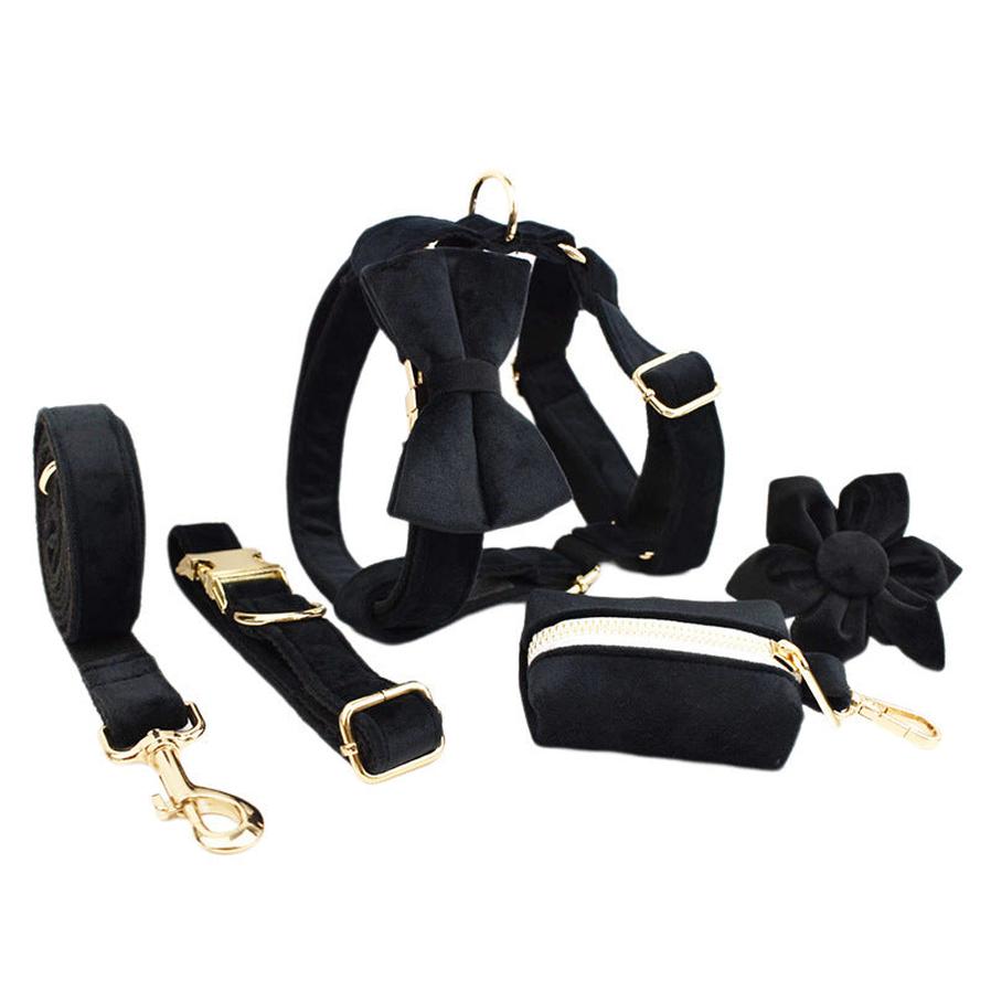 HKM-177171 Scalable Velvet Fabric Dog Collar Set with Bow, Flower, Vest, Leash & Poop Bag