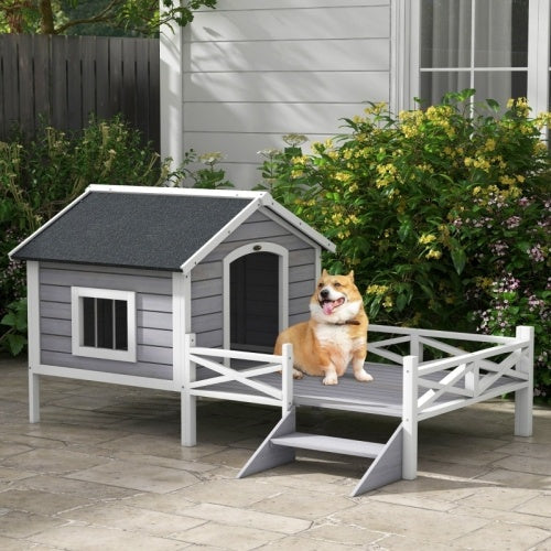 HKM-177299 Grey Dog House with Porch for Small to Medium Breeds, Weatherproof Wood Construction