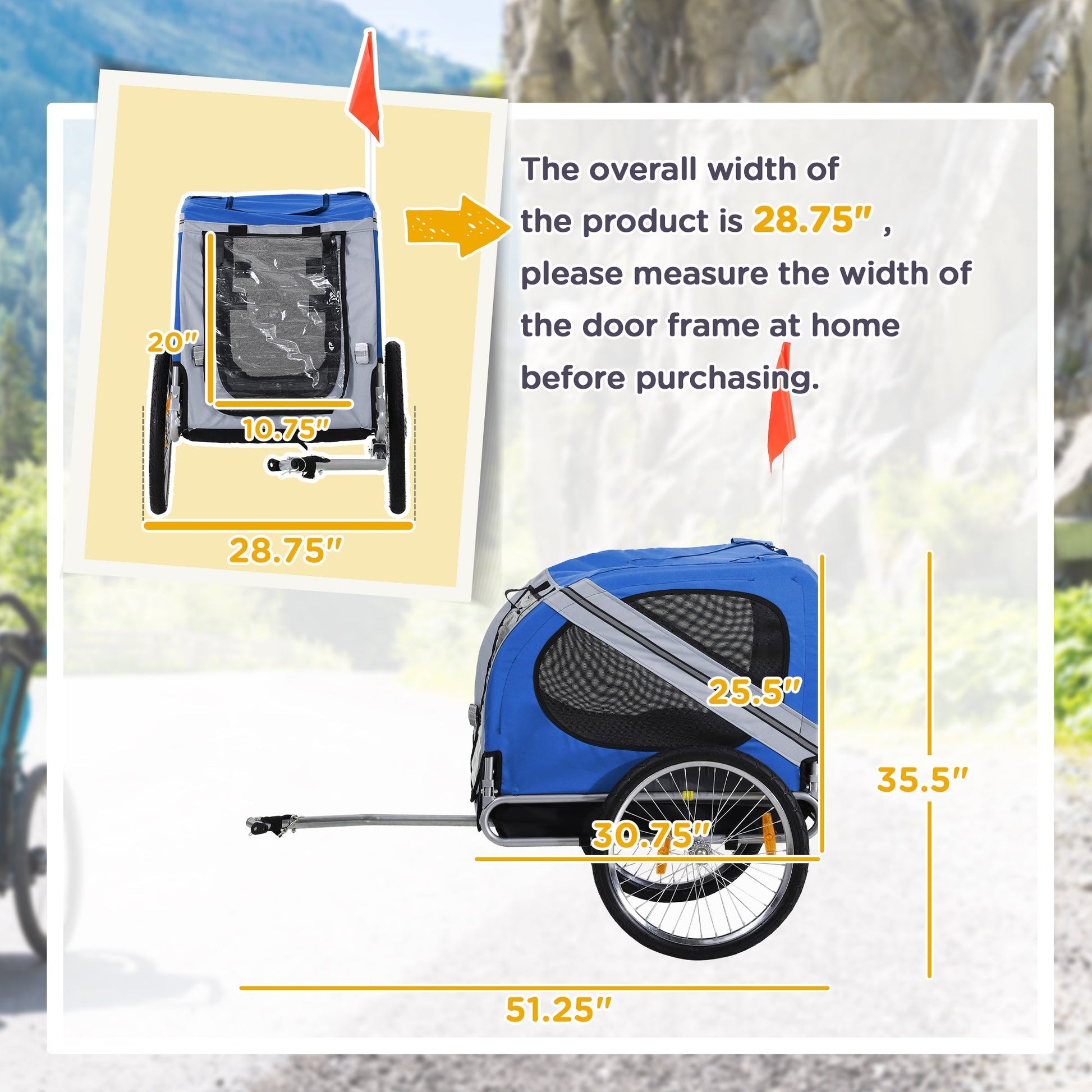 HKM-1775933 Pet Bike Trailer with Easy Folding Frame, 20" Wheels, 3 Entrances, and Mesh Screen for Off-Road Adventures
