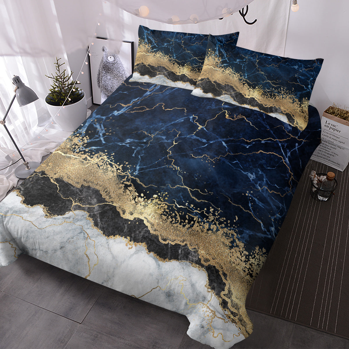 HKM-177619 Chic White Marble and Navy Blue Duvet Cover Set with Pillowcases - Soft Microfiber, Breathable Design