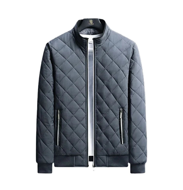 HKM-177683 Men's Casual Winter Cotton Jacket With Thick Velvet Stand-Up Collar Zipper Closure Warm Autumn Coat-Canvas Fabric