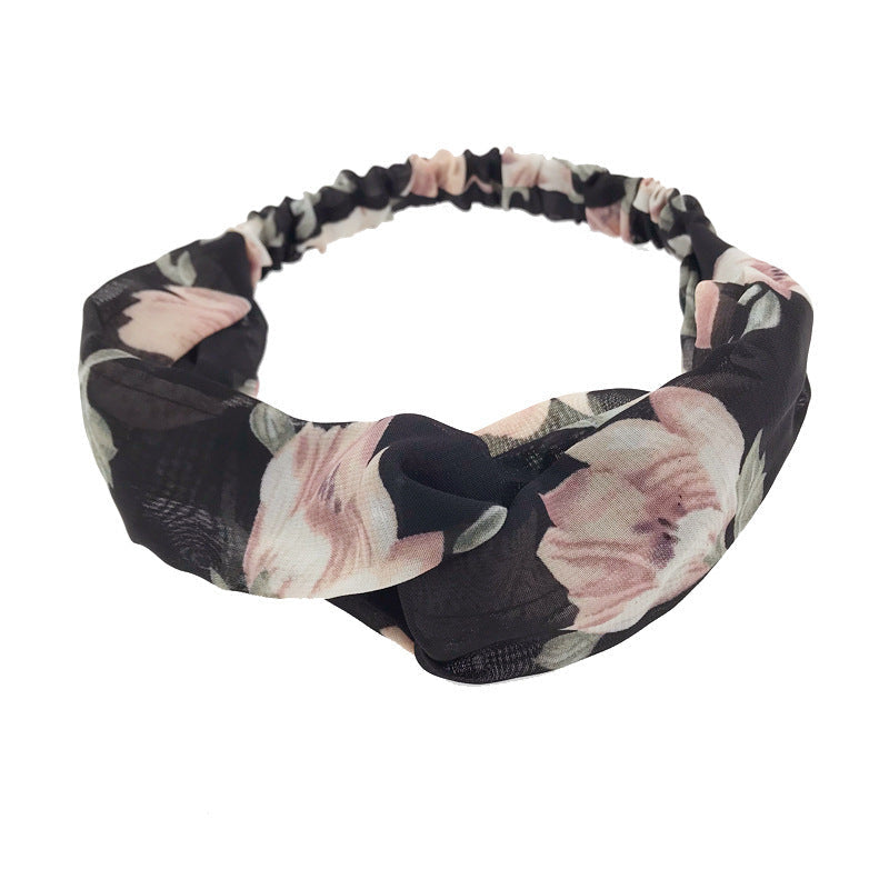 HKM-177875 Korean Style Printed Cross Elastic Camellia Headband for Women