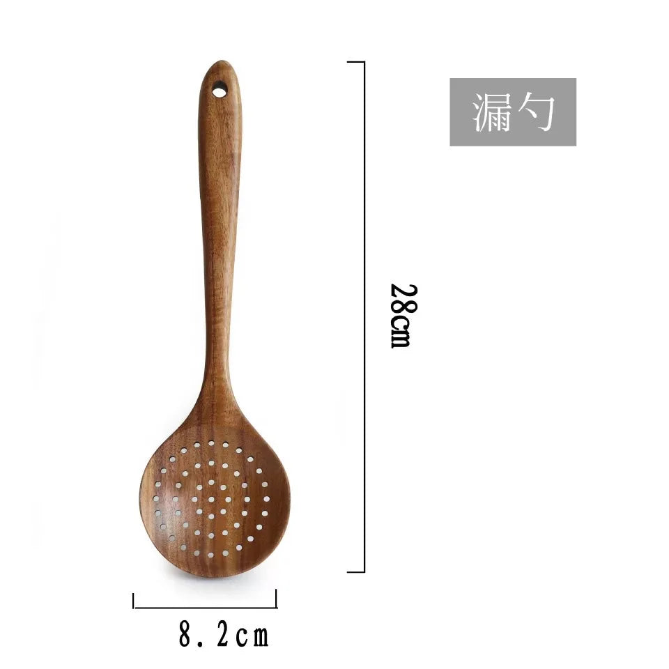 HKM-178003 7-Piece Teak Wooden Utensil Set for Nonstick Cookware with Wood Spatula