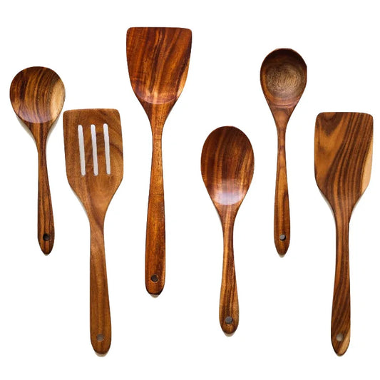 HKM-178003 7-Piece Teak Wooden Utensil Set for Nonstick Cookware with Wood Spatula