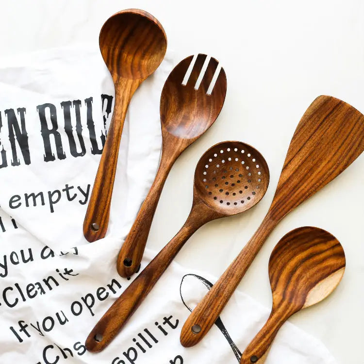 HKM-178003 7-Piece Teak Wooden Utensil Set for Nonstick Cookware with Wood Spatula