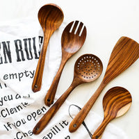 HKM-178003 7-Piece Teak Wooden Utensil Set for Nonstick Cookware with Wood Spatula