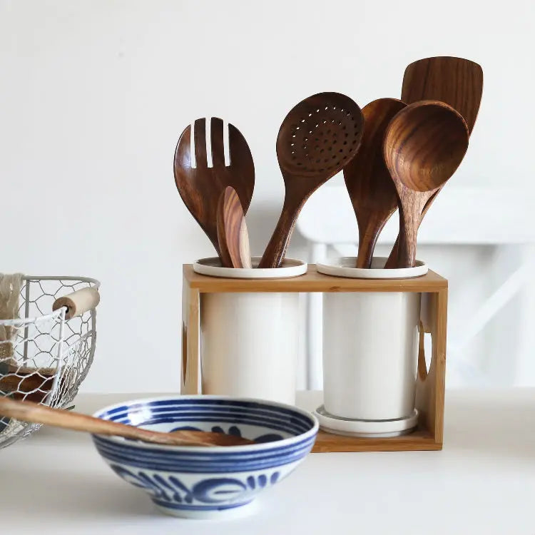 HKM-178003 7-Piece Teak Wooden Utensil Set for Nonstick Cookware with Wood Spatula