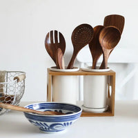 HKM-178003 7-Piece Teak Wooden Utensil Set for Nonstick Cookware with Wood Spatula