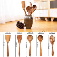 HKM-178003 7-Piece Teak Wooden Utensil Set for Nonstick Cookware with Wood Spatula