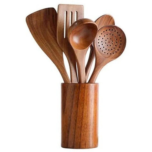 HKM-178003 7-Piece Teak Wooden Utensil Set for Nonstick Cookware with Wood Spatula