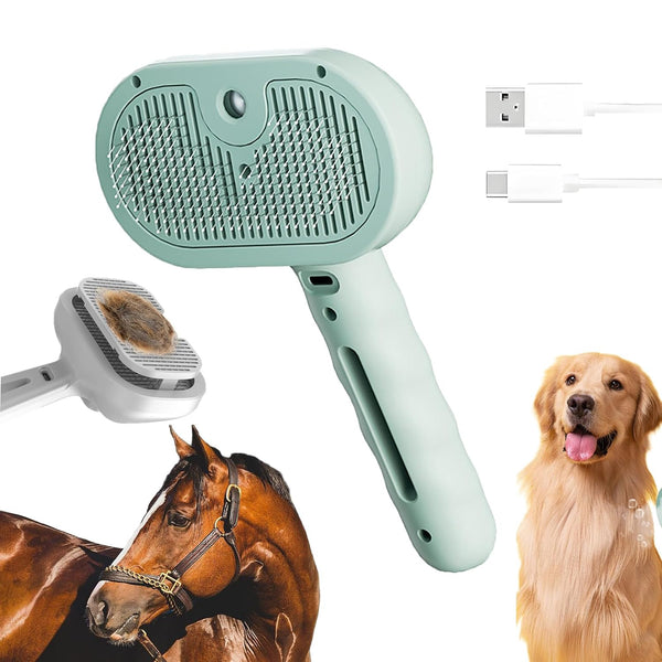 HKM-1781821 3-in-1 Self-Cleaning Steam Brush for Horses, Cats, and Dogs - Silicone Bristles & Water Mist for Shedding