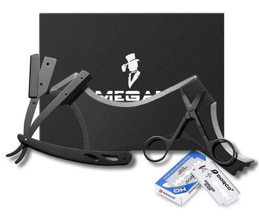 HKM-178771 Black Stainless Steel Shaving Set with Modeling Comb, Razor, Scissors, and Blades in Envelope Box
