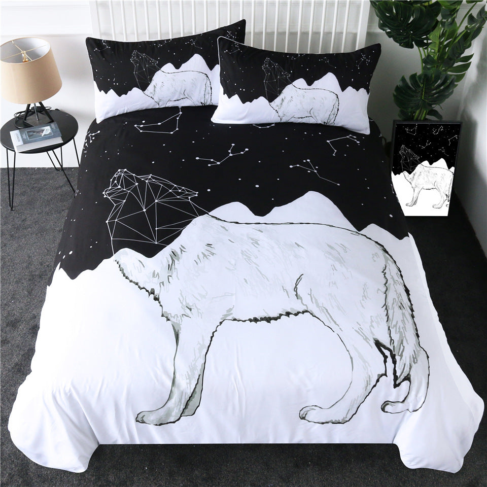 HKM-179219 Three-Piece Black and White Printed Bed Linen Set with Duvet Cover