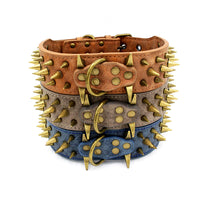 HKM-1793725 Durable PU Leather Dog Collar for Large Breeds - Adjustable Sizing in Brown, Dark Blue & Gray