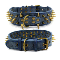 HKM-1793725 Durable PU Leather Dog Collar for Large Breeds - Adjustable Sizing in Brown, Dark Blue & Gray