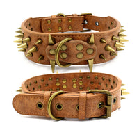 HKM-1793725 Durable PU Leather Dog Collar for Large Breeds - Adjustable Sizing in Brown, Dark Blue & Gray